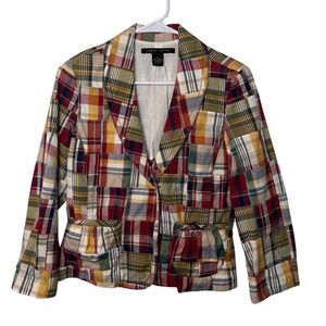 Larry Levine Womens Patchwork Madras Plaid Cotton Blazer Jacket Multi Color Sz 8